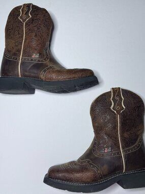 Justin Boots Womens Sz 6.5 B Brown Tooled Leather Square Toe Western Boots Gypsy